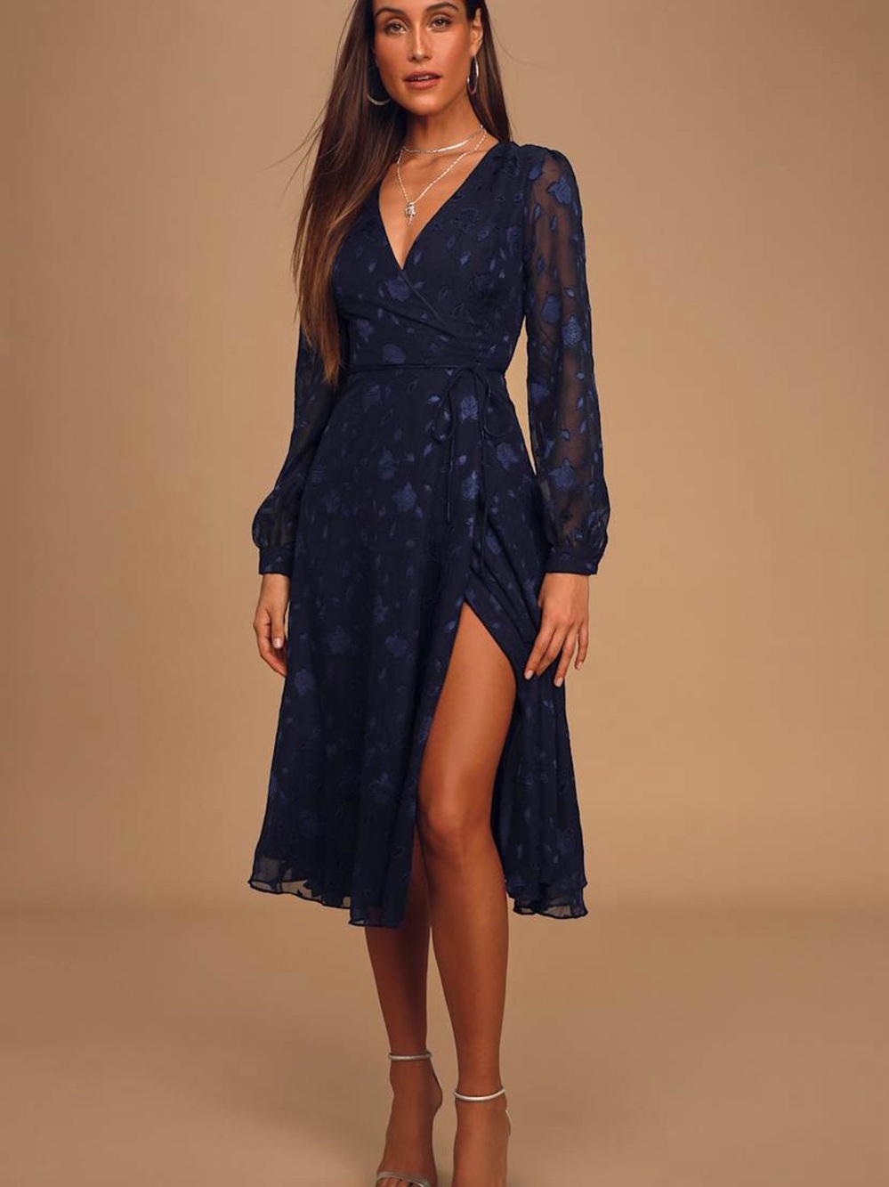 Lulus Navy Blue Floral Jacquard Wrap Midi Dress Size M Long Sleeve Wedding Guest